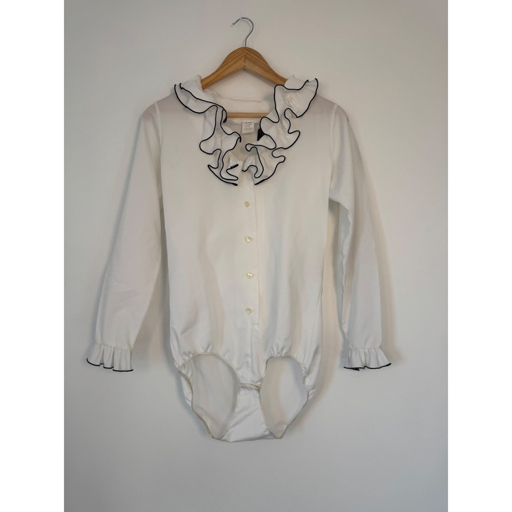 Vintage Alice Stuart Ruffle Bodysuit Women 8 White Black Trim Long Sleeve‎ Snap